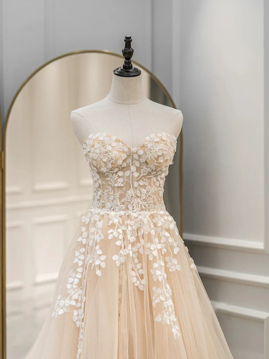 Cute Tulle Sweetheart Long Party Dress with Lace, Beautiful A-Line Prom Dress  TP387