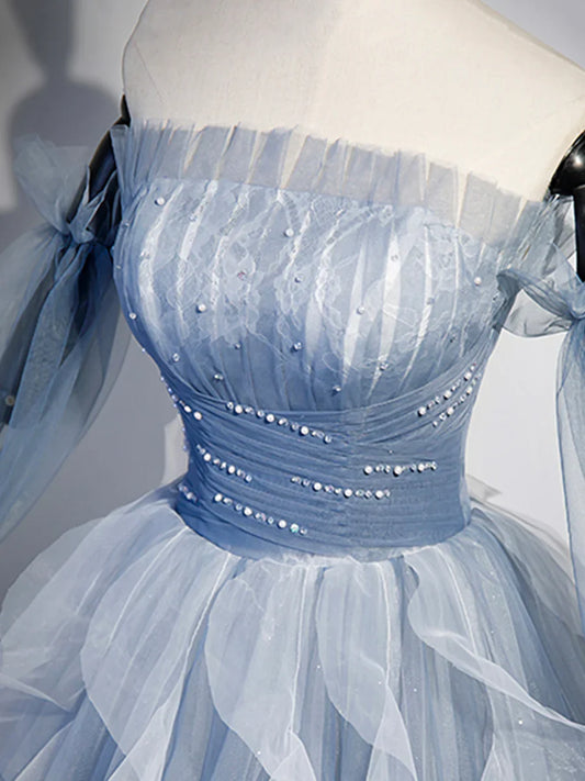 Blue Strapless Tulle Long Prom Dress, Chic A-Line Formal Dress with Long Sleeves  TP388