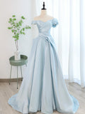 Blue Satin Tulle Long Prom Dress, Off Shoulder Formal Evening Dress TP395