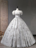 Gray Tulle Sequins Long Prom Dress, A-Line Short Sleeve Evening Dress TP397
