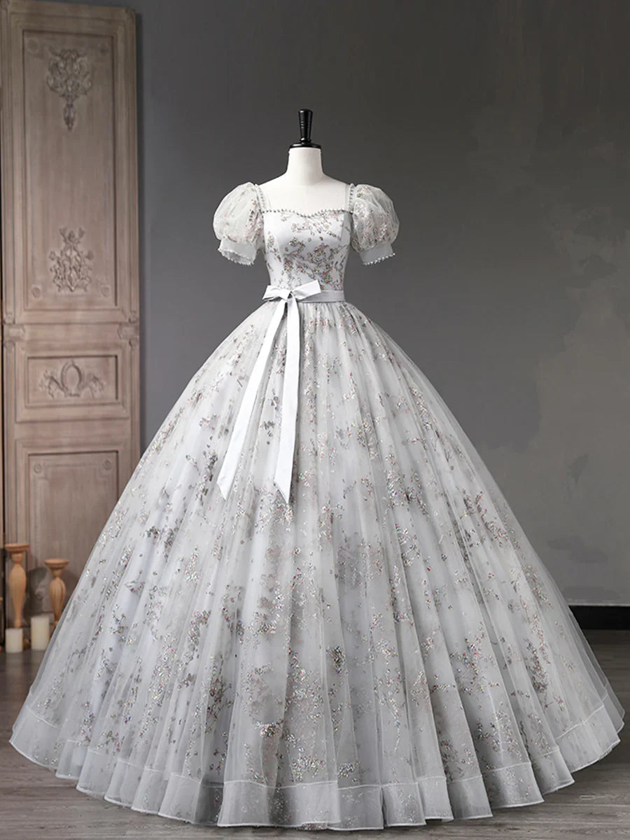 Gray Tulle Sequins Long Prom Dress, A-Line Short Sleeve Evening Dress TP397