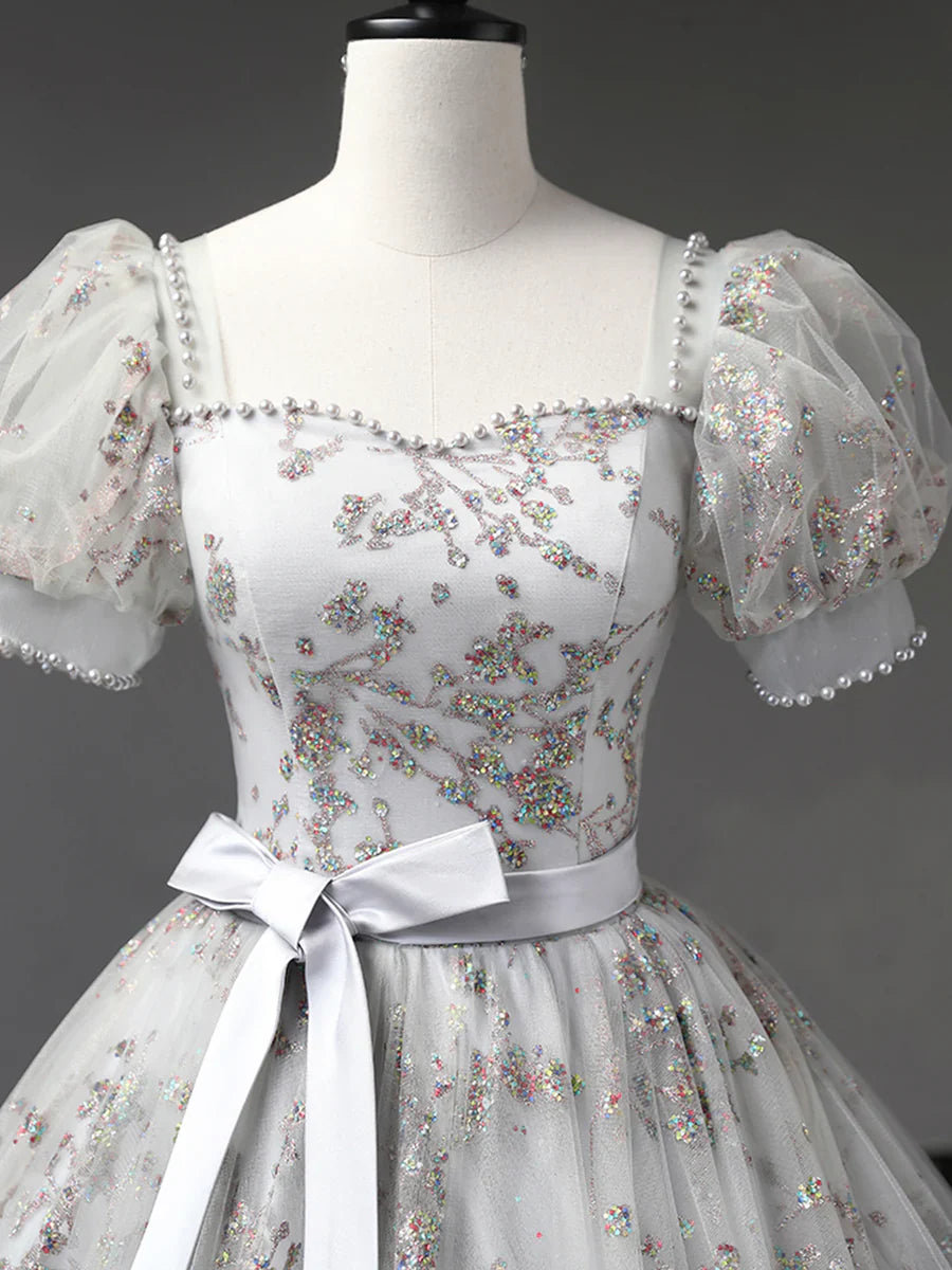 Gray Tulle Sequins Long Prom Dress, A-Line Short Sleeve Evening Dress TP397