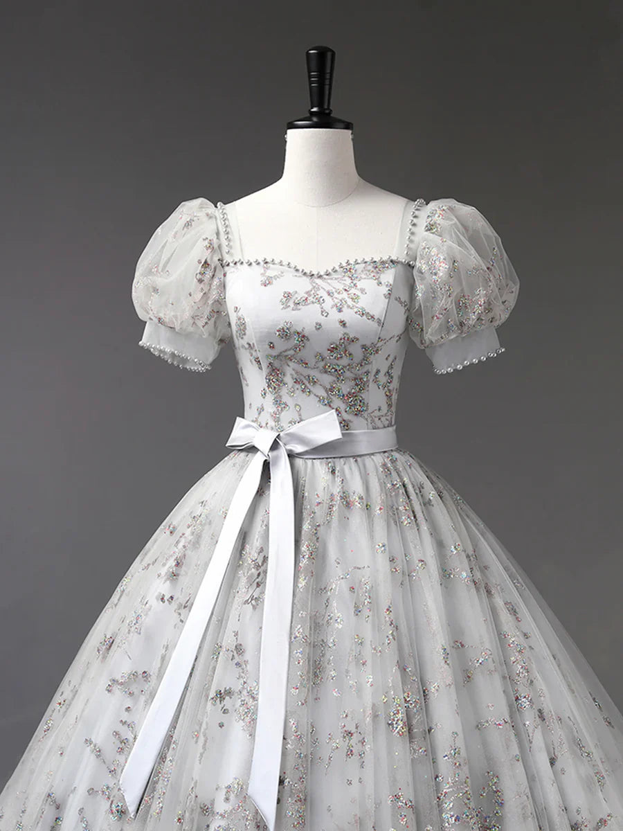 Gray Tulle Sequins Long Prom Dress, A-Line Short Sleeve Evening Dress TP397