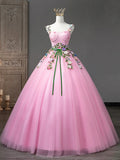 Pink Tulle Flower Long Prom Dresses, Lovely Spaghetti Formal Dresses Sweet 16 Dresses TP398