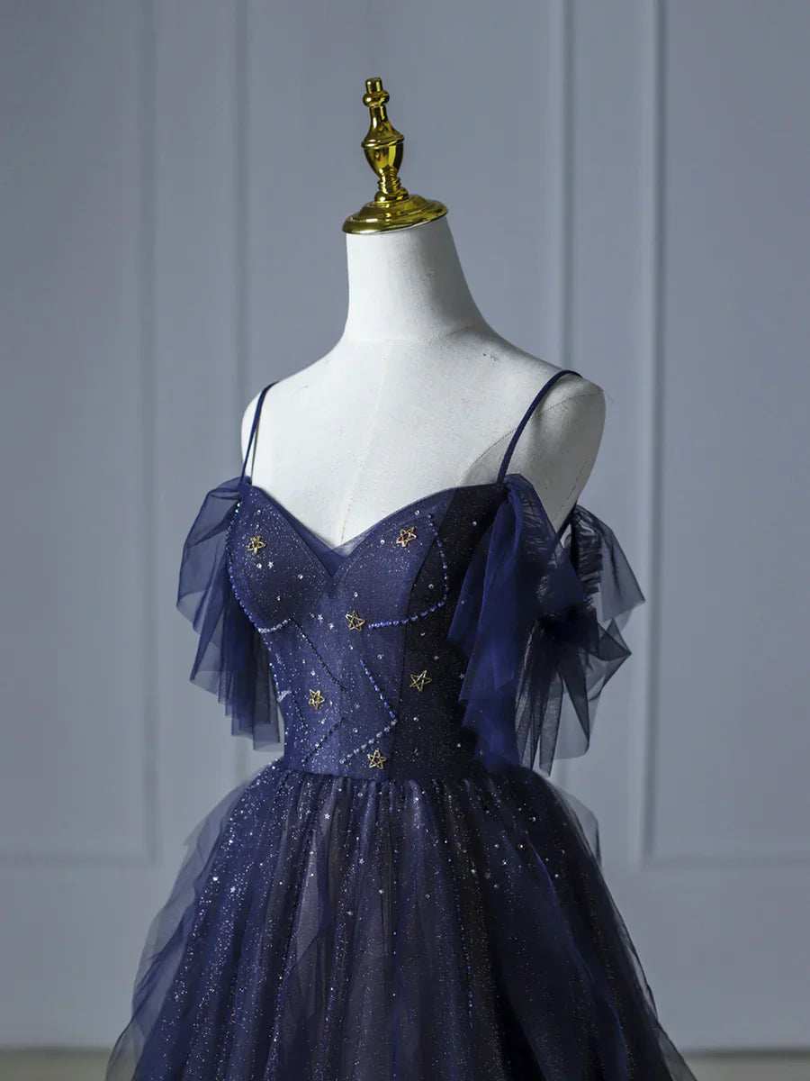 Blue Gradient Tulle Long Prom Dress, Beautiful Spaghetti Strap Evening Party Dress TP399
