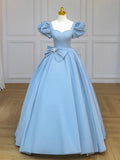 Blue Satin Long Prom Dress with Bow, Blue A-Line Formal Evening Dress TP400
