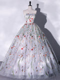 Lovely Strapless Floral Tulle Long Prom Dress, Gray A-Line Evening Party Dress TP401