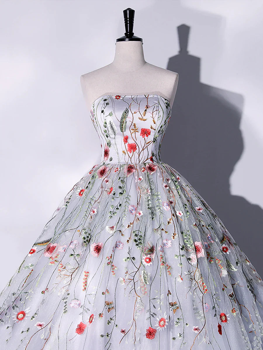 Lovely Strapless Floral Tulle Long Prom Dress, Gray A-Line Evening Party Dress TP401