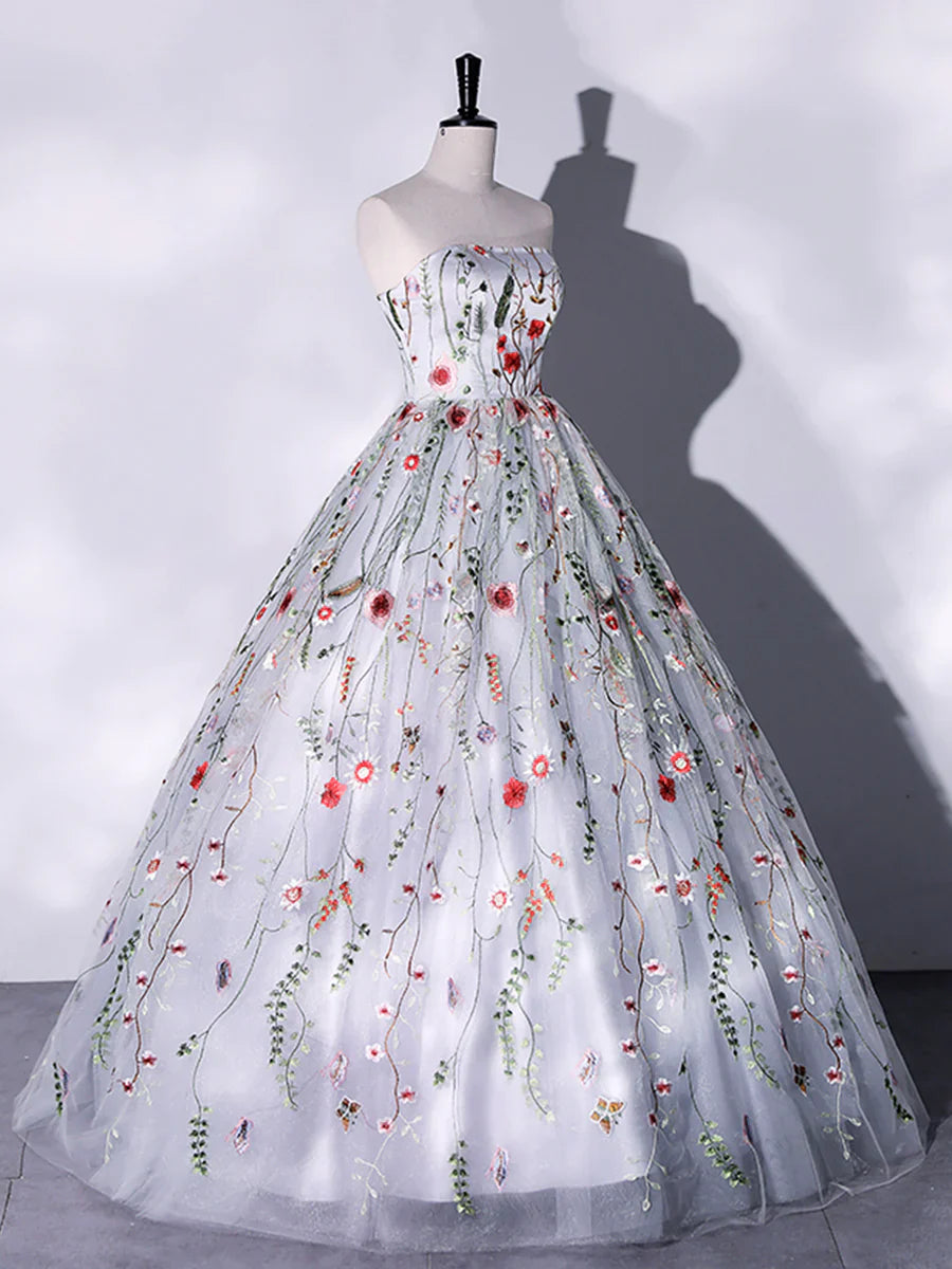 Lovely Strapless Floral Tulle Long Prom Dress, Gray A-Line Evening Party Dress TP401
