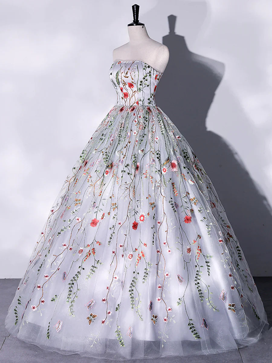 Lovely Strapless Floral Tulle Long Prom Dress, Gray A-Line Evening Party Dress TP401