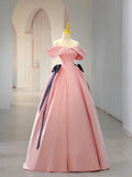 Pink Satin Floor Length Prom Dress, Off Shoulder Party Dress TP403