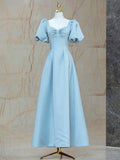 Blue Satin Pearl Long Prom Dress, A-Line Blue Evening Party Dress TP406