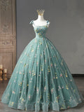 Green Floral Tulle Long Prom Dress, Cute Off Shoulder Evening Party Dress TP414