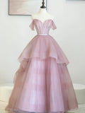 Pink Tulle Sequins Long Prom Dress, Off Shoulder Evening Dress TP421