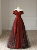 Burgundy Satin Long V-Neck Prom Dress, Off the Shoulder Party Dress TP430