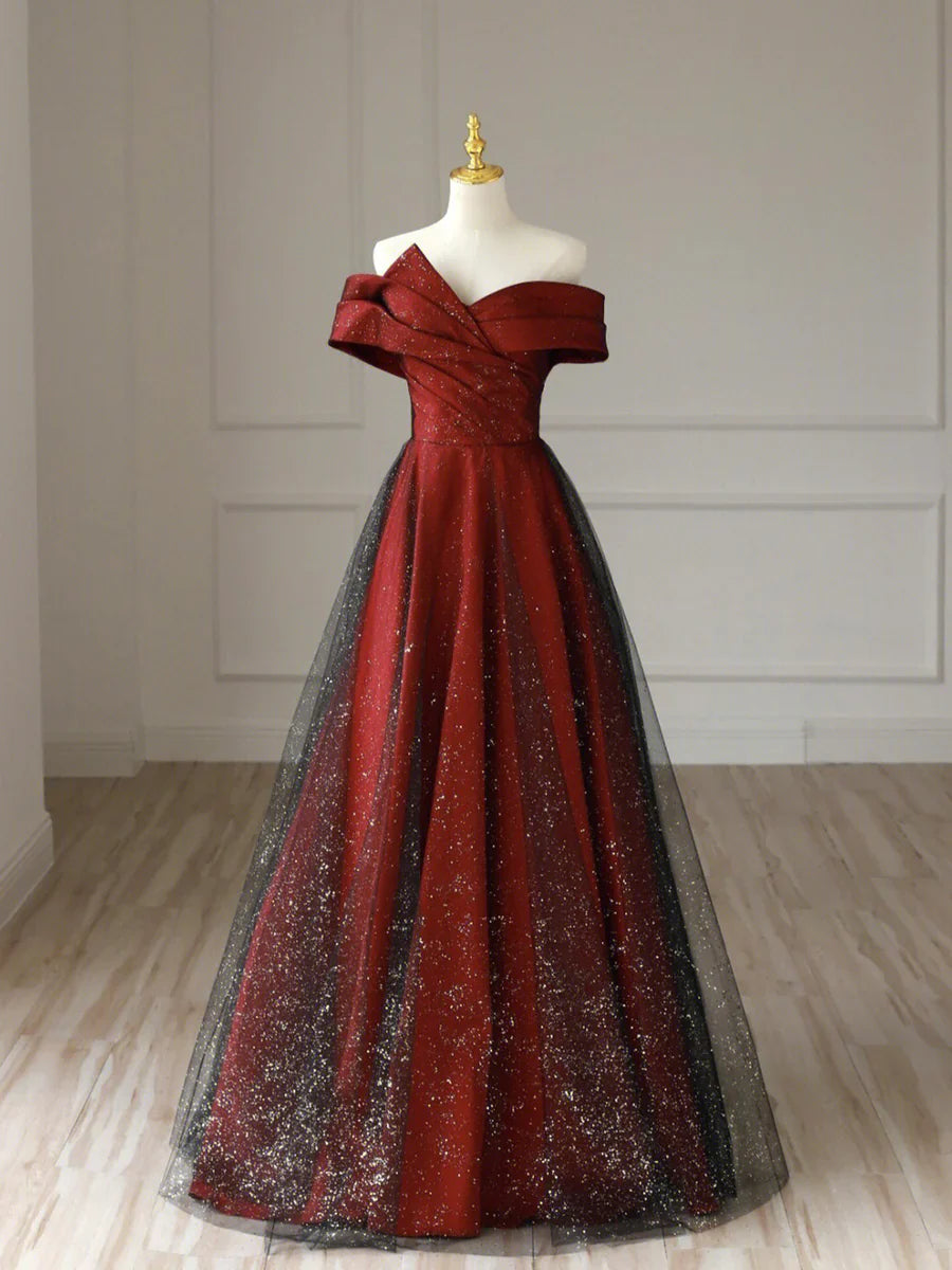 Burgundy Satin Long V-Neck Prom Dress, Off the Shoulder Party Dress TP430