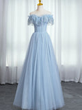 Blue Sweetheart Beaded Off the Shoulder Prom Dress, A-Line Blue Evening Dress TP437
