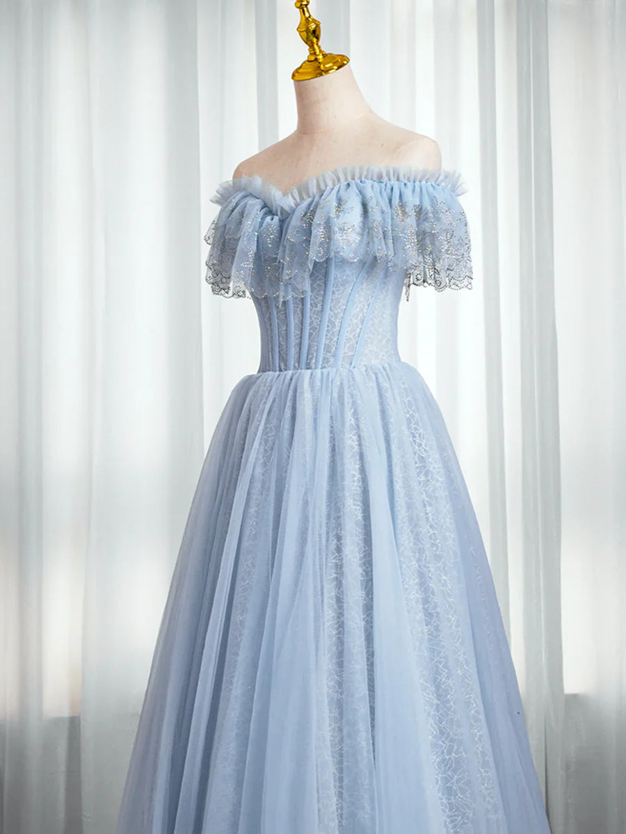 Blue Sweetheart Beaded Off the Shoulder Prom Dress, A-Line Blue Evening Dress TP437