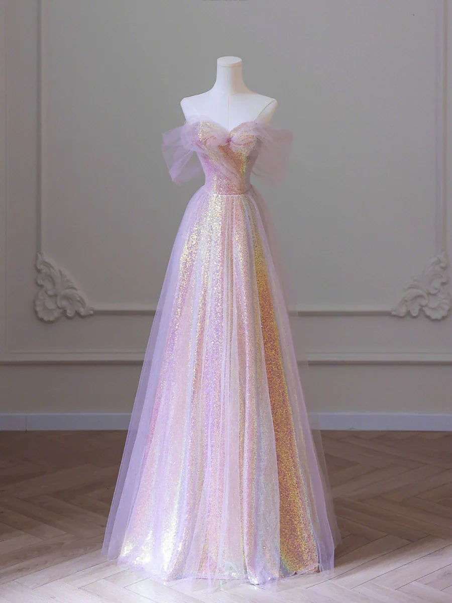Shiny Tulle Sequins Long Prom Dress, A-Line Off the Shoulder Evening Dress TP438