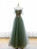 A-Line Green Tulle Long Prom Dress, Off the Shoulder Evening Party Dress TP443