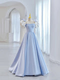 Blue Short Sleeve Saitn Formal Evening Dress, Cute A-Line Junior Prom Dress TP444