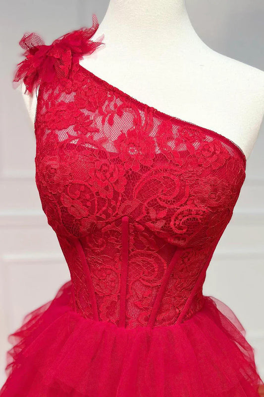 Red Tulle Lace Long Prom Dresses, One Shoulder Evening Dresses TP457