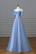 Blue Spaghetti Strap Tulle Floor Length Prom Dress, A-Line Evening Dress TP468