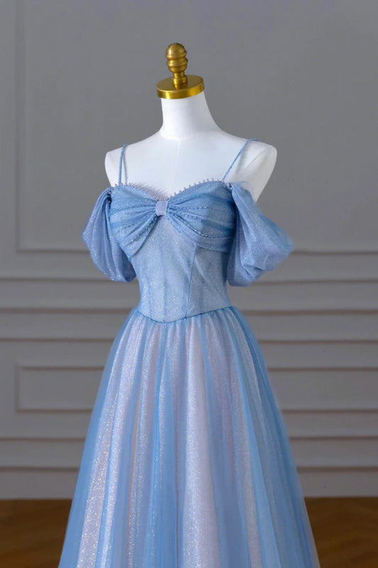 Blue Spaghetti Strap Tulle Floor Length Prom Dress, A-Line Evening Dress TP468