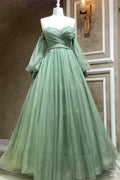 Green Tulle Long Sleeve Prom Dress, A-Line Off the Shoulder Evening Dress TP482