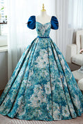 Blue Printed Long A-Line Prom Dress, Elegant Short Sleeve Formal Dress TP491