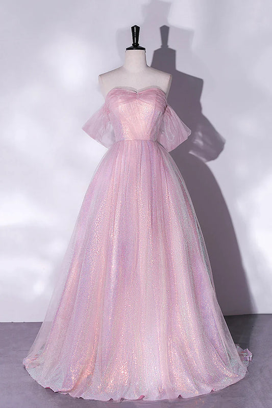 Pink Tulle Sequins Long Prom Dress, A-Line Formal Graduation Dress TP500