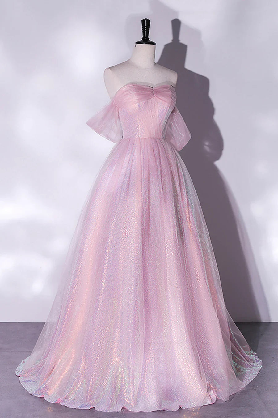 Pink Tulle Sequins Long Prom Dress, A-Line Formal Graduation Dress TP500