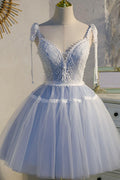 Blue Lace Short A-Line Prom Dress, Cute Spaghetti Strap Party Dress TP505