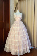 Pink Strapless Layers Tulle Long Party Dress, Glam Prom Dress Formal Gown TP511