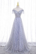 A-Line Tulle Sequins Long Prom Dress, Off the Shoulder Evening Party Dress TP514