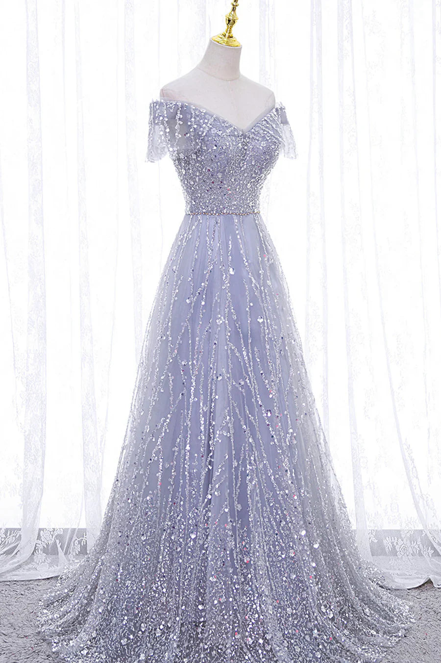 A-Line Tulle Sequins Long Prom Dress, Off the Shoulder Evening Party Dress TP514