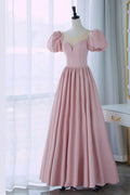 Pink Satin Long A-Line Prom Dress, Cute Short Sleeve Evening Dress TP516
