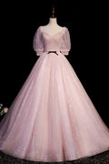 Pink V-Neck Tulle Long Prom Dress, A-Line Short Sleeves Evening Dress TP518