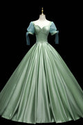 Green Satin Long A-Line Ball Gown, Green Short Sleeve Evening Gown TP519