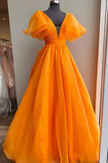 Orange Organza Long A-Line Prom Dress, Beautiful V-Neck Evening Dress TP521
