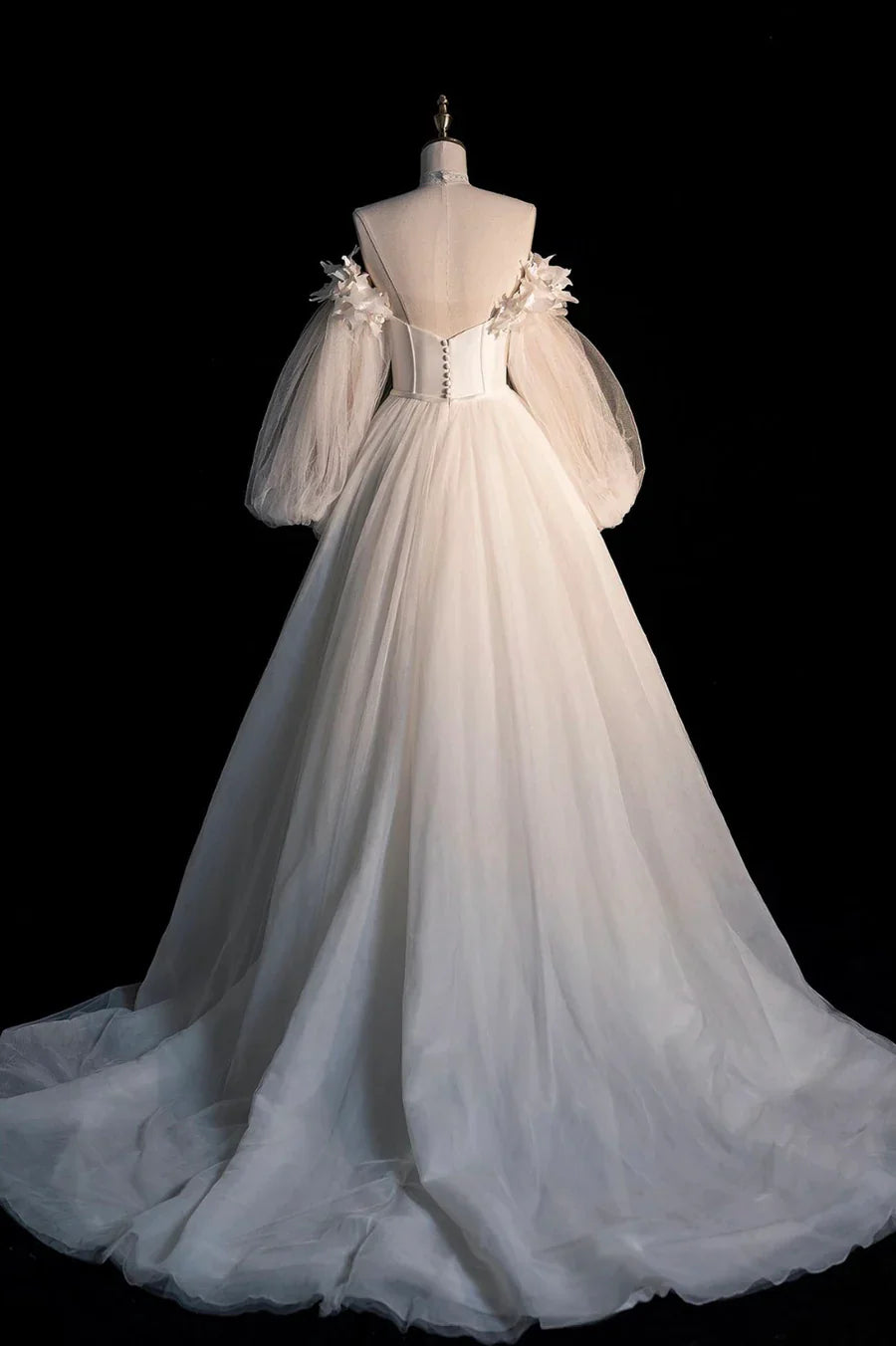 Champagne Tulle Long Sleeve Prom Dress, Off the Shoulder Evening Dress TP526