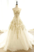 Long Champagne Strapless Tulle Lace Prom Dress, A-Line Evening Dress with Train TP527