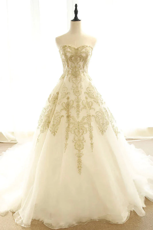 Long Champagne Strapless Tulle Lace Prom Dress, A-Line Evening Dress with Train TP527
