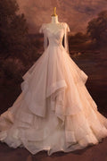 V-Neck Tulle Long Ball Gown, A-Line Formal Evening Gown TP529