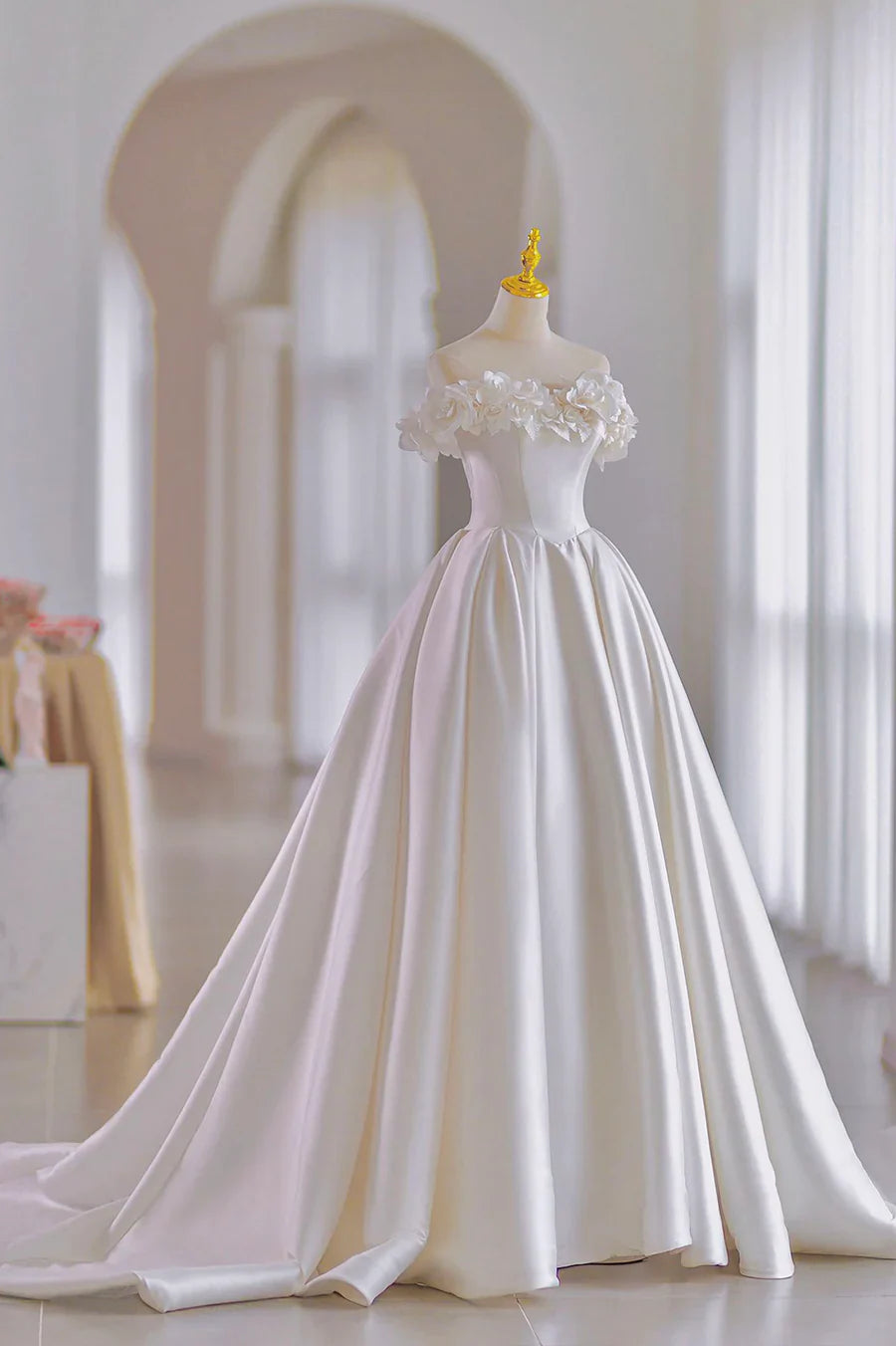 Vintage White Off-the-Shoulder Satin 3D Flower Bodice Back Bow Train Wedding Dress TP539