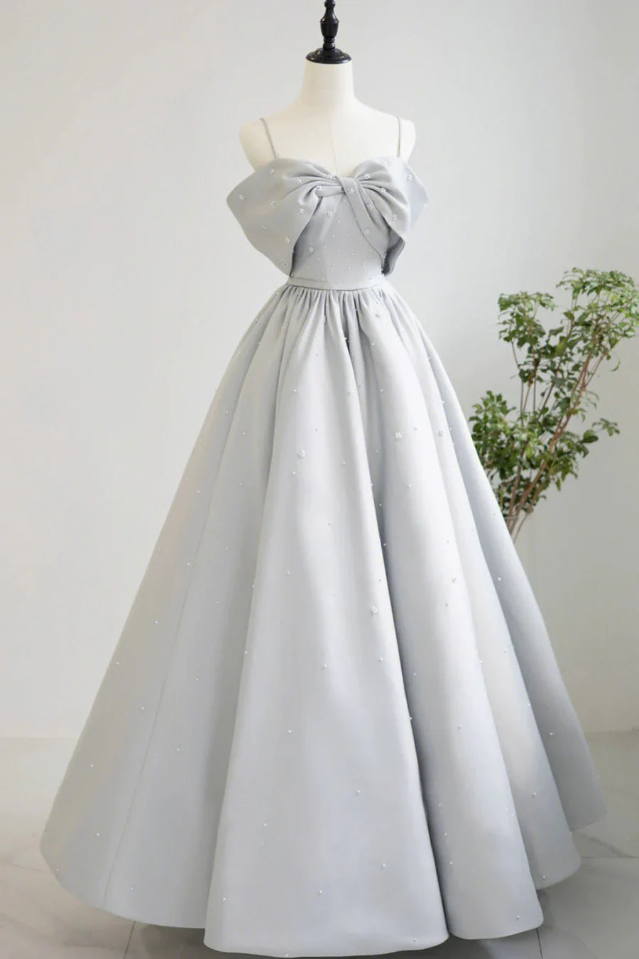 Gray Satin Long A-Line Prom Dress, Off the Shoulder Evening Dress with Pearls TP541