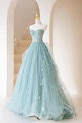 Cute Tulle Strapless Long Prom Dress, A-Line Lace Formal Evening Dress TP542