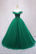 Green Tulle Long A-Line Ball Gown, Off the Shoulder Evening Dress TP546