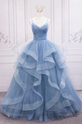 Blue V-Neck Tulle Long Formal Gown, A-Line Blue Evening Dress TP554