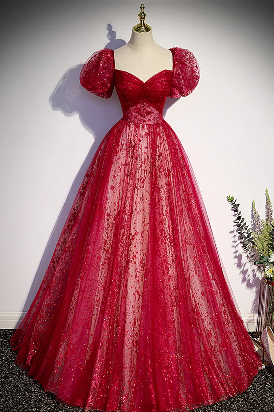 Burgndy Tulle Short Sleeve Formal Evening Dress, A-Line Long Prom Dress TP558